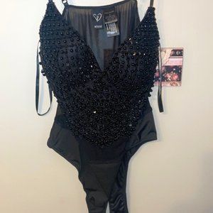 Embroidered Black Sequin/Pearl Bodysuit